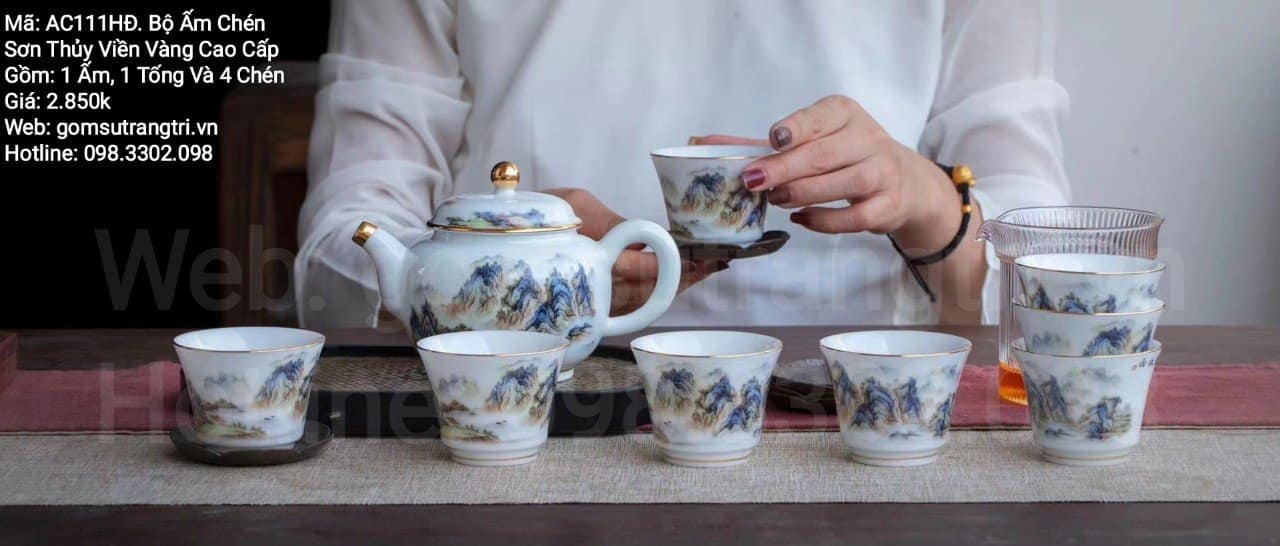 BỘ ẤM CHÉN SƠN THỦY VIỀN VÀNG CAO CẤP
